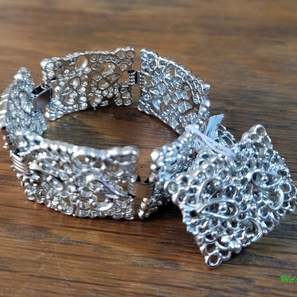 Monet Vintage 50s Brilliant Silver tone Filigree Bracelet and Earrings